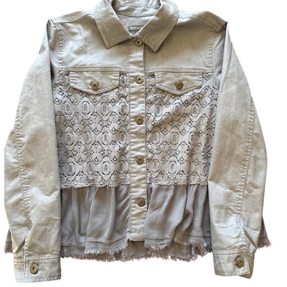 Kate & Mallory Lace Ruffle Cropped Denim Jacket Blue Gray Boho Size Large - Picture 1 of 7